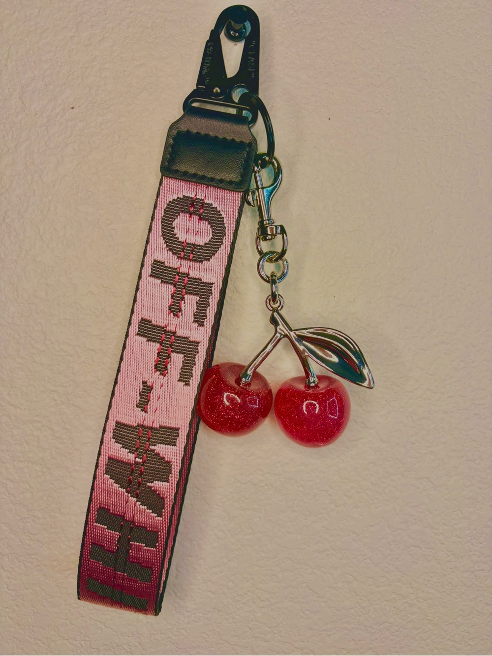 Pink Cherry Keychain Strap with Glitter Cherry Charm